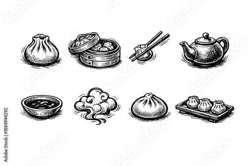 Hand-drawn collection of Asian dumplings, dim sum, and tea set illustrations