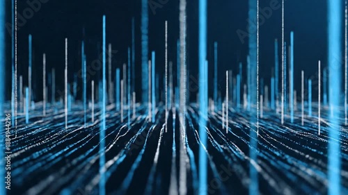 Abstract visualization of digital data streams and vertical lines representing information flow on a dark blue background.