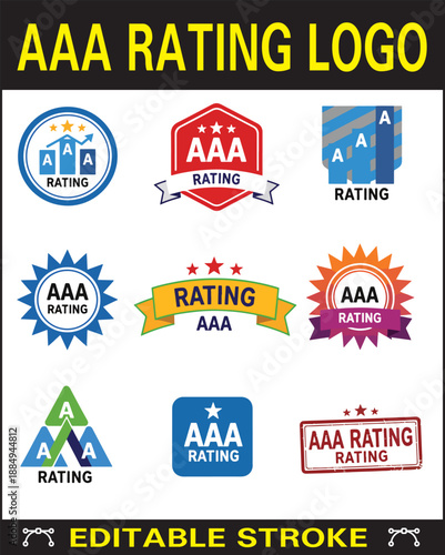Set of AAA Rating Logo Vector Templates, Quality Grade Badges, and Financial Credit Score Icons on White Background.