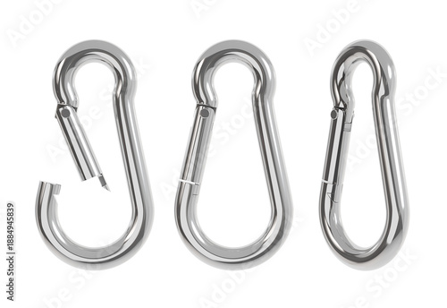 Obraz na płótnie three stainless steel carabiner clips aligned horizontally, isolated on a white background