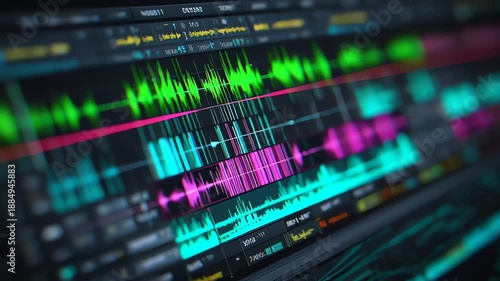 A detailed close-up of a digital audio workstation interface showing vibrant sound waveforms used for music production and editing