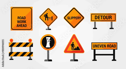 This flat design vector illustration presents a set of essential construction and hazard road signs, such as road work and slippery road warnings, vital for driver safety. 