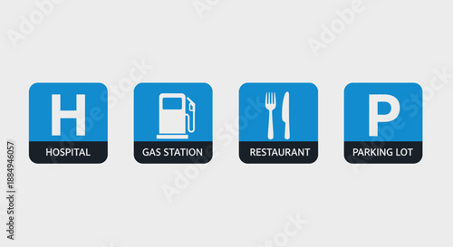 This flat design vector illustration features a set of common informational and service road signs like hospital, gas station, and parking, crucial for wayfinding and travel. 