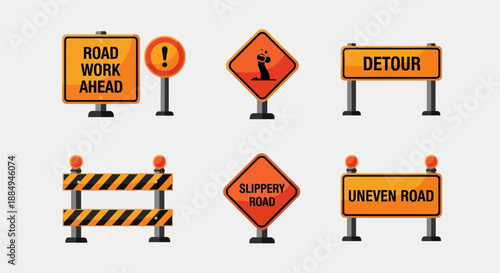 This flat design vector illustration presents a set of essential construction and hazard road signs, such as road work and slippery road warnings, vital for driver safety. 