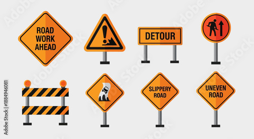 This flat design vector illustration presents a set of essential construction and hazard road signs, such as road work and slippery road warnings, vital for driver safety. 