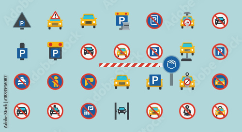 This flat design vector illustration showcases a set of parking regulation icons, including no parking, handicap parking, and meter symbols, vital for urban planning and driver information. 