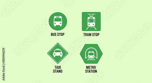 This flat design vector illustration showcases a set of public transport stop signs, including bus, tram, and metro indicators, essential for urban transit systems. 