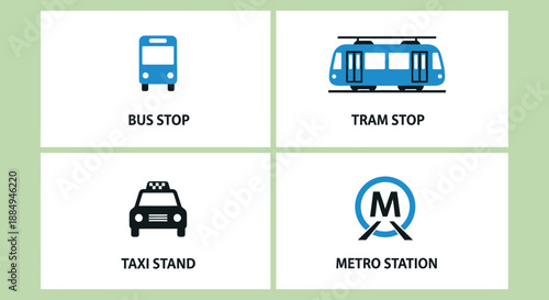 This flat design vector illustration showcases a set of public transport stop signs, including bus, tram, and metro indicators, essential for urban transit systems. 
