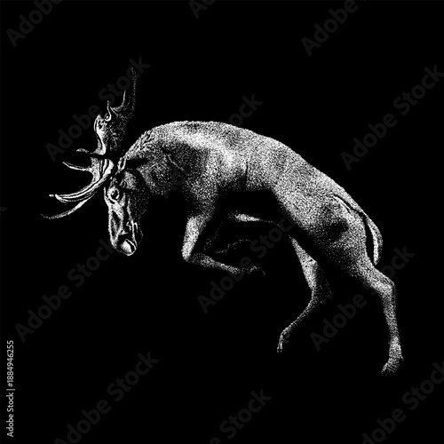 Hand-drawn vector illustration of Cervalces latifrons (Broad-Fronted Moose), an extinct prehistoric deer-like mammal, depicted in detailed black and white engraving style. 