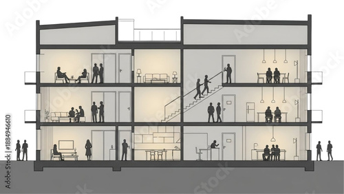 Architectural cross-section of a multi-story building with people and interior spaces