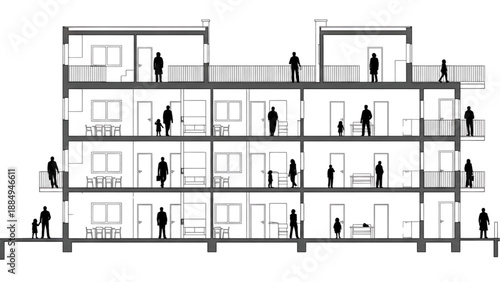 Detailed Cross-Sectional View of a Modern Multi-Story Residential Building Illustrating Urban Dwelling and Community Life