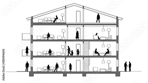 Architectural cross-section of a vibrant multi-story residential building illustrating daily life and community activities