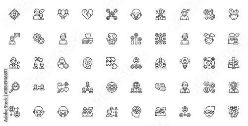 Human relations and emotions icon set. Vector symbols for family, friendship, love, teamwork, social media, feelings and more. Editable thin line illustrations.
