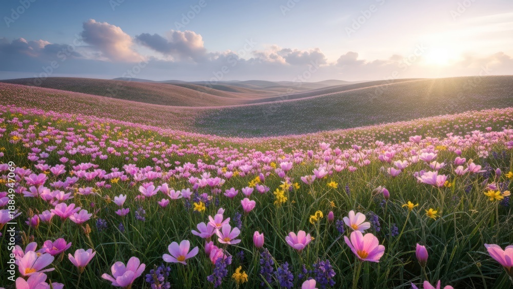 Fototapeta premium Expansive field of pink and yellow flowers on rolling hills at sunrise, soft light, serene