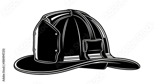 Black and white illustration of a firefighter helmet with detailed design.