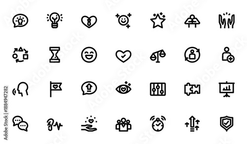 Soft Skills icon set. Vector illustration pack featuring inspiration, idea, passion, communication, leadership, teamwork and more. Minimalist linear icons.