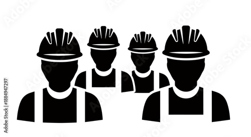 Group of construction workers wearing safety helmets and overalls.