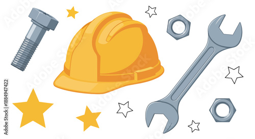 Illustration of construction tools including a yellow safety helmet wrench bolts and nuts.
