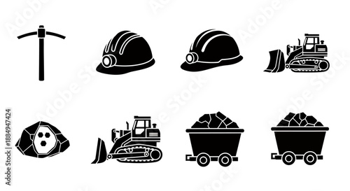 Set of construction and mining industry icons including helmets and machinery.