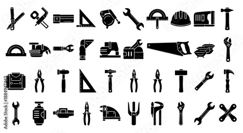 Set of various black silhouette tools icons for construction and repair work.