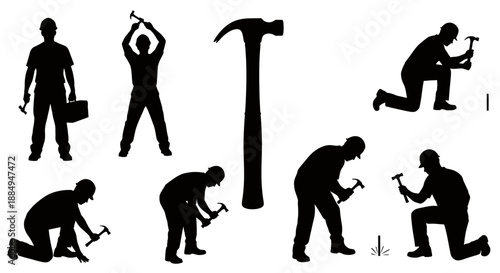 Silhouettes of a man performing various hammering and construction tasks.