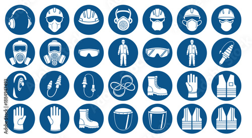 Set of blue circular icons representing various personal protective equipment and safety gear.