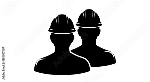 Silhouettes of two construction workers wearing safety helmets.