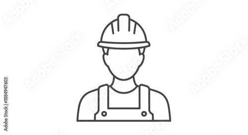 Simple black and white line drawing of a construction worker wearing a helmet and overalls.