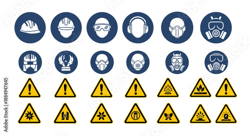 Set of safety and warning icons for industrial and workplace hazards.