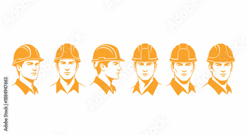 Set of construction worker icons wearing safety helmets in different poses.
