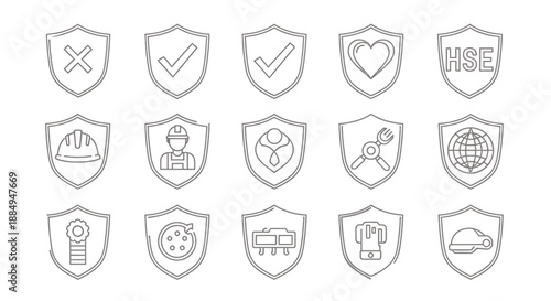 Set of sixteen black and white security and protection shield icons.