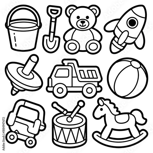 Kids Toys Icons Vector Coloring Page – Cute Children Playthings Line Art for Kids