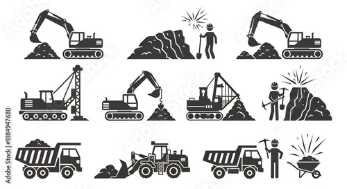 Set of black silhouettes depicting various construction machinery and workers in action.