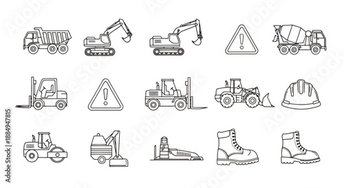 Set of construction and safety equipment line icons for industrial and building projects.