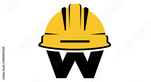 Yellow construction safety helmet with black letter W symbol below.