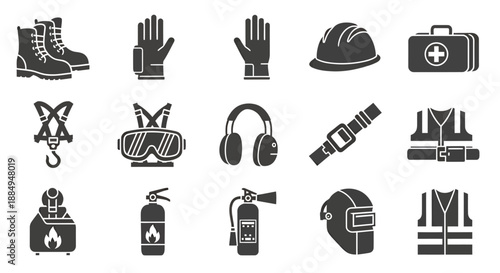 Set of black safety and protective equipment icons for industrial and construction use.