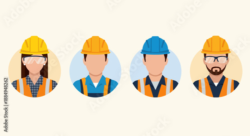 Group of diverse construction workers wearing safety helmets and vests.