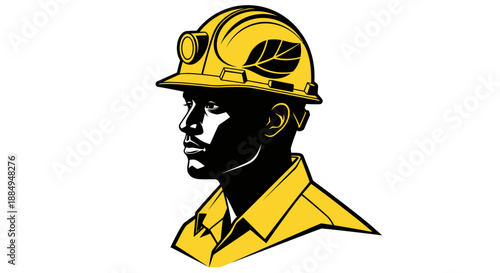 Illustration of a male construction worker wearing a safety helmet and uniform.