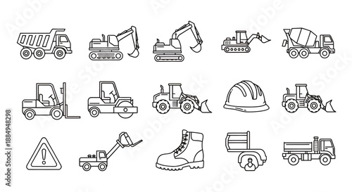 Set of black construction and heavy machinery icons with safety equipment and warning signs.