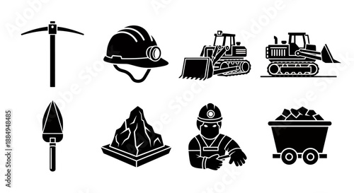 Black and white mining and construction equipment and worker icons set.