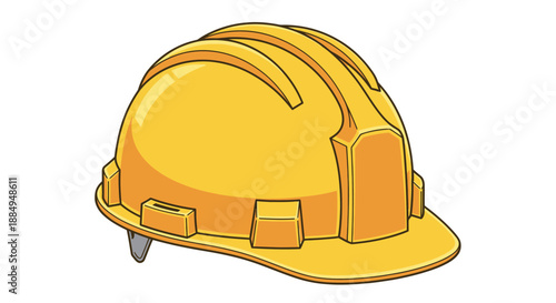 Yellow construction safety helmet with ventilation slots and adjustable strap.