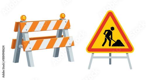 Construction site safety barrier and road work warning sign illustration.