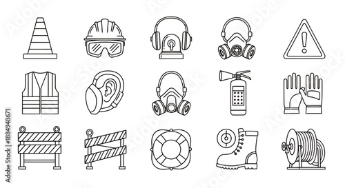 Set of safety and protective equipment icons for workplace and construction environments.