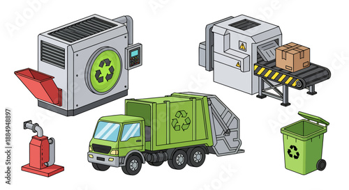 Illustration of waste management process with recycling truck and conveyor belt.