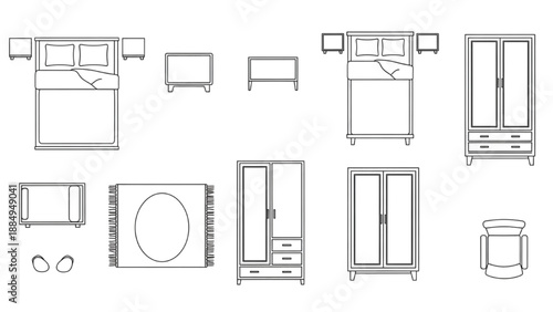 Collection of furniture symbols and icons for interior design and architectural plans