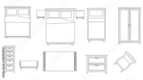 Various types of bedroom furniture including beds, wardrobes, dressers, and nightstands laid out flat