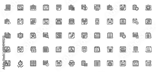 Calendar and Dates icon set. Minimal vector icons pack. Includes calendar, schedule, checklist, laptop, mobile, stopwatch and more. Editable stroke.