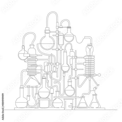 Intricate Laboratory Glassware Setup Line Art