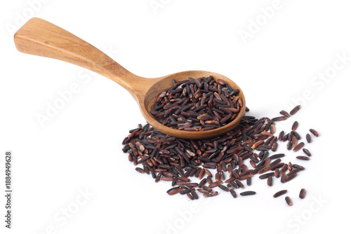 Riceberry was in a wooden spoon and spilled on the floor. isolated on white background.