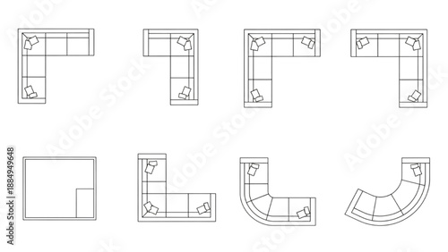Top View Layouts of Various Sectional Sofas and Couches for Furniture Design